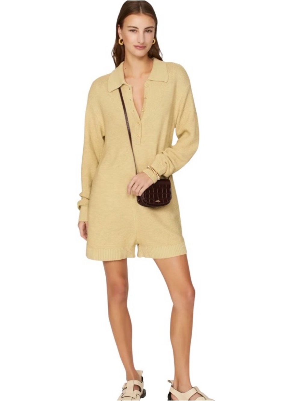 WeWoreWhat Beige Knit Collared Tan Cotton Playsuit Long Sleeve Romper Size M
